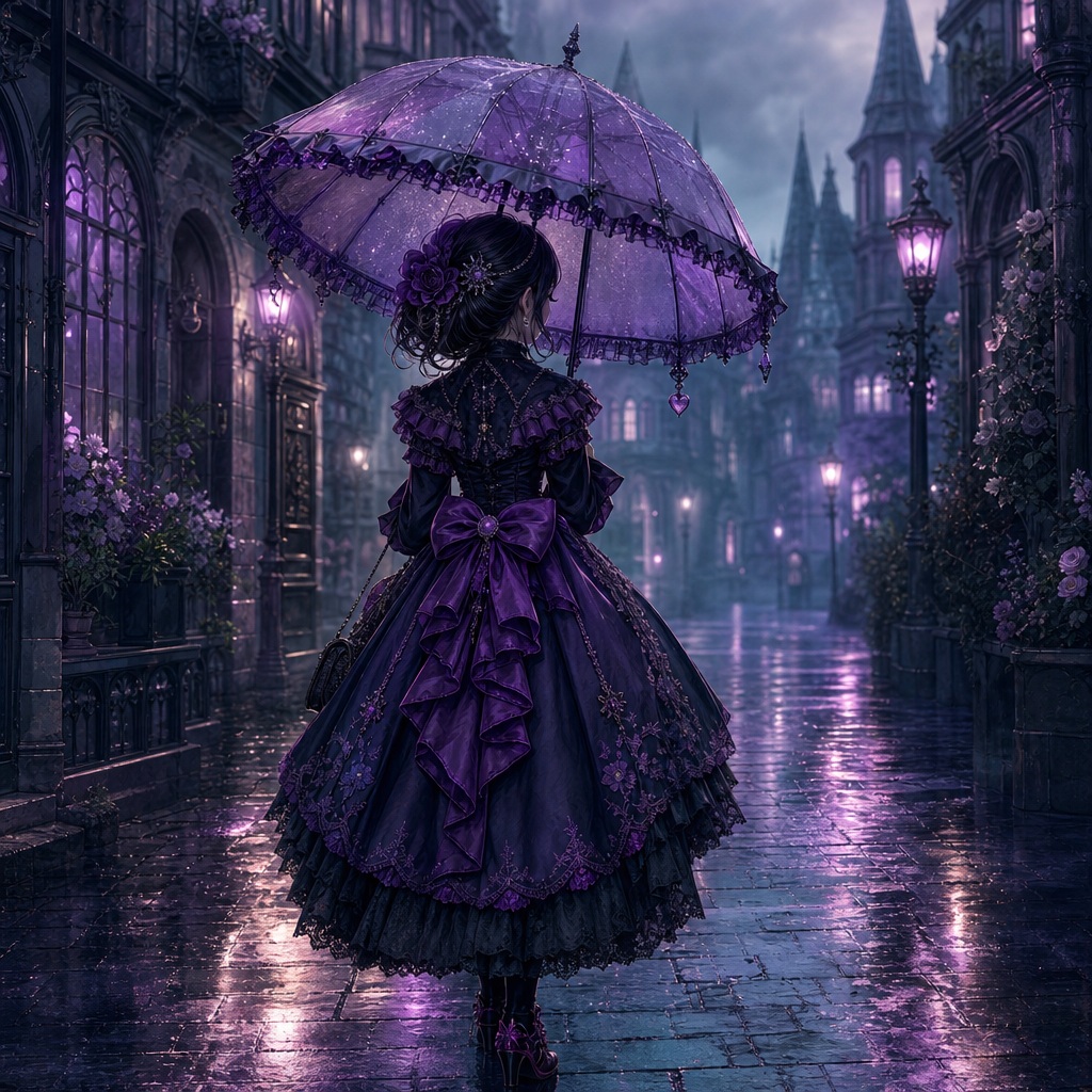A gothic character in a purple dress walks under a violet umbrella on a rainy street.