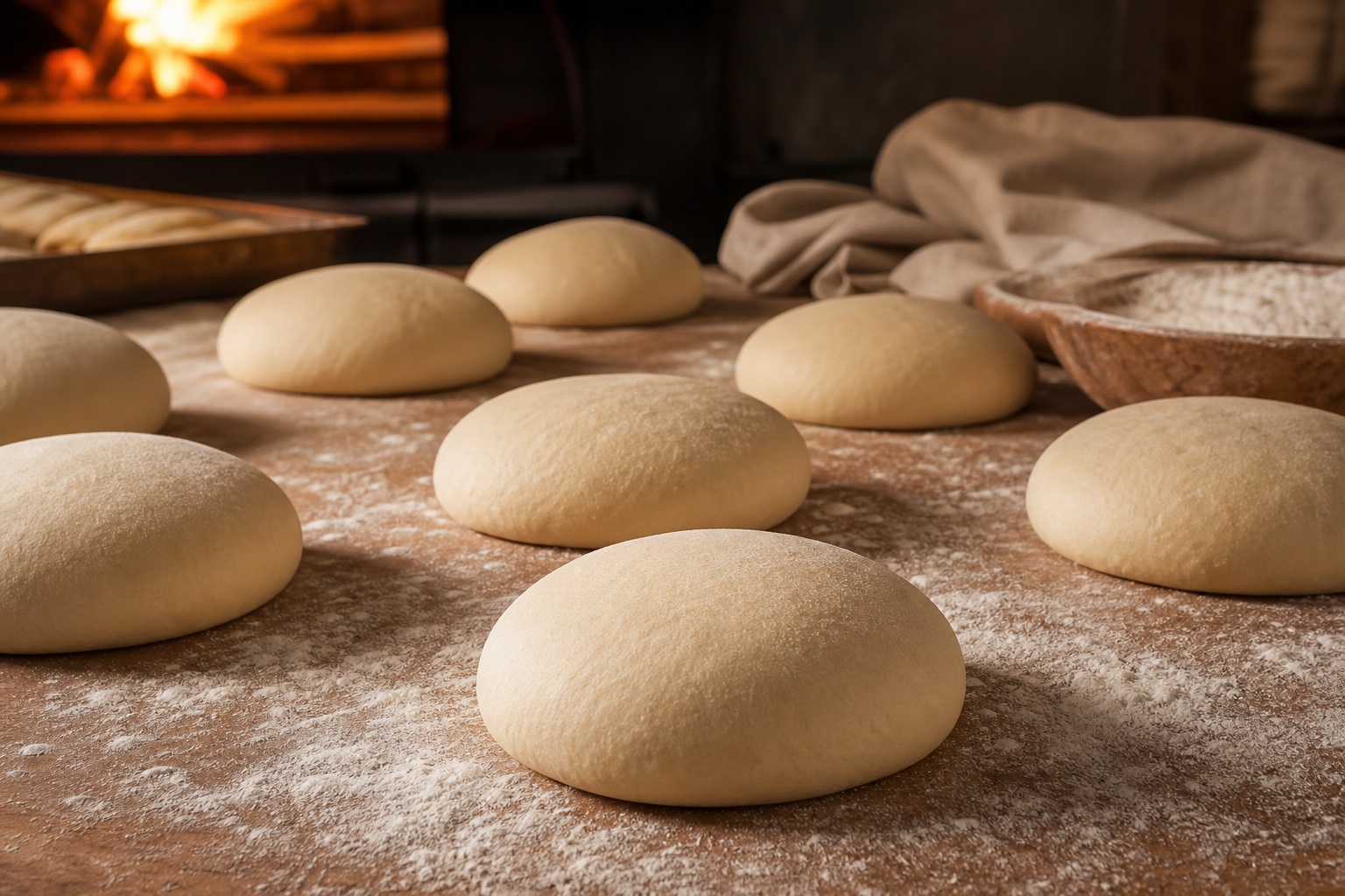 Smooth dough rounds resting on a floured surface in warm oven light.