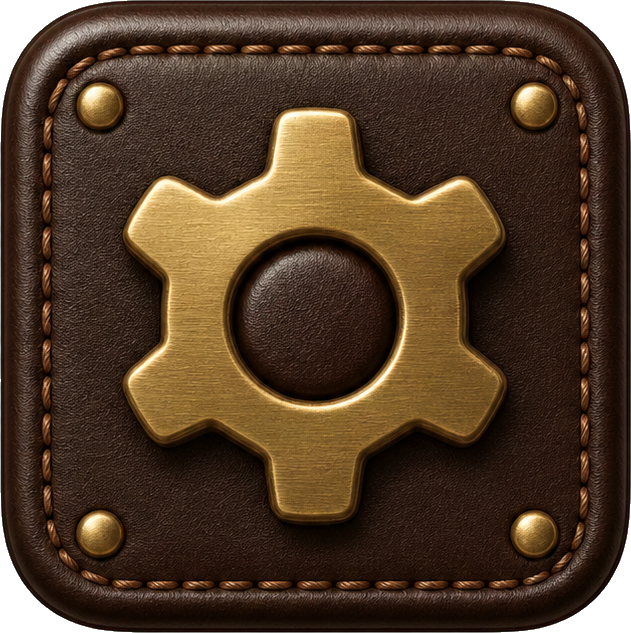 Brown leather square icon with a gold gear and stitched corners