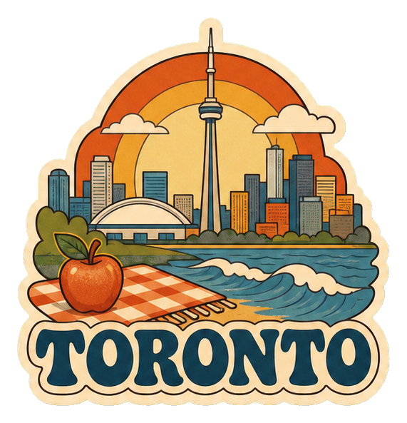 Retro Toronto word sticker with skyline, CN Tower, lake, apple, and picnic cloth