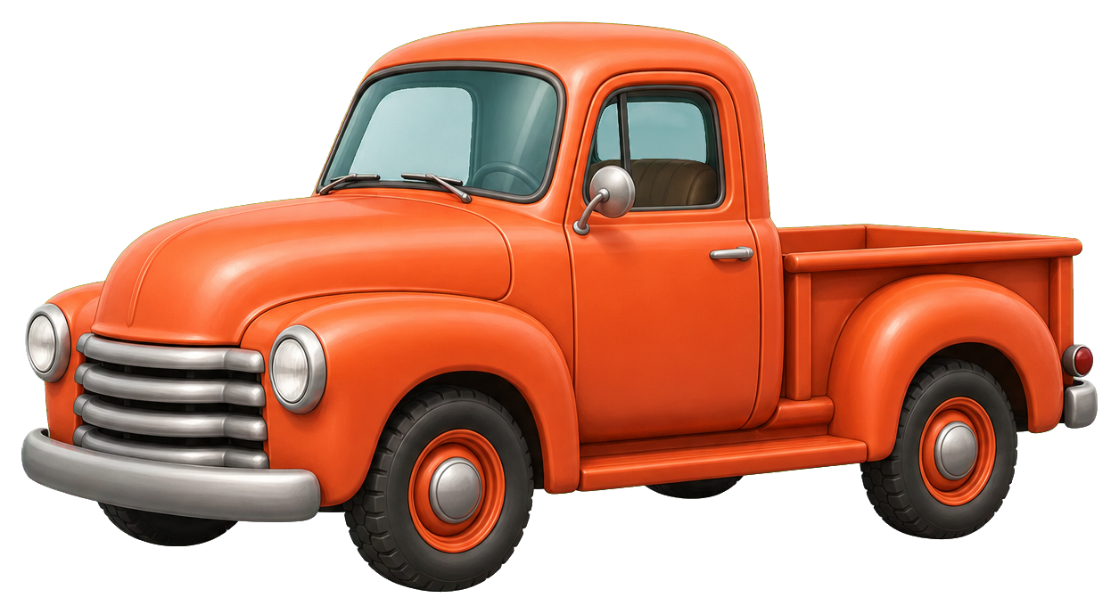 Orange vintage pickup truck sticker with chrome bumper and rounded cab