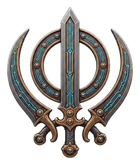 Mechanical-style khanda symbol with a circular chakkar and two kirpans.
