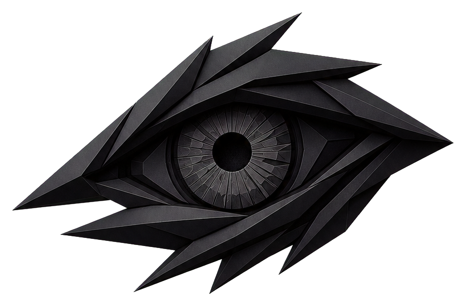 Black abstract eye with angular layered shapes and a central eye.