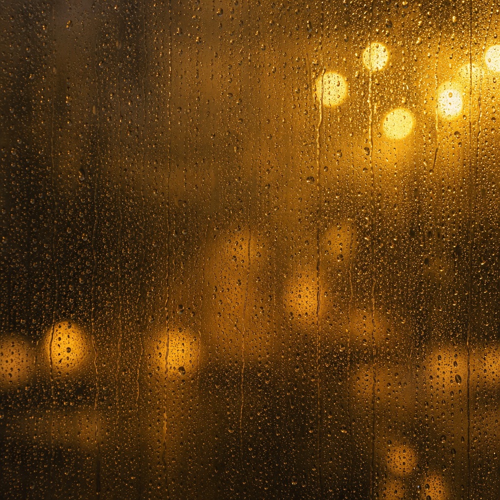 Amber bokeh lights seen through a rain-covered window texture