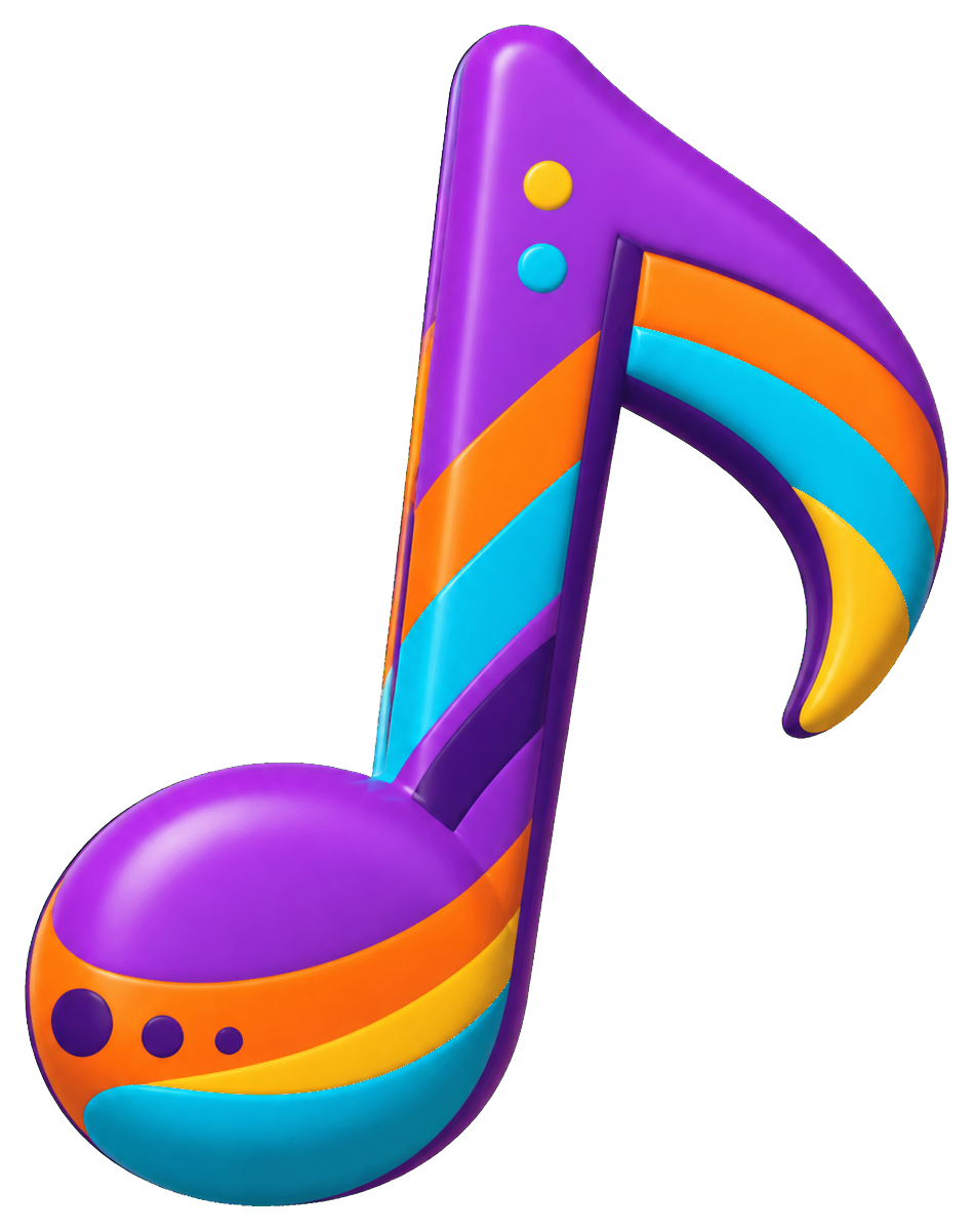 Colorful purple music note sticker with orange and blue stripes