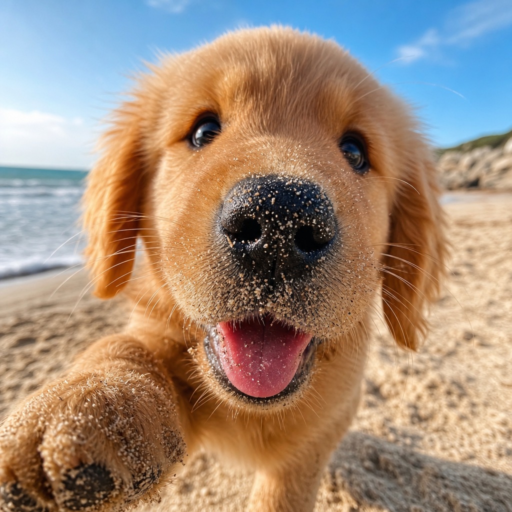 Happy puppy close-up on a sandy beach with ocean and sky behind it.