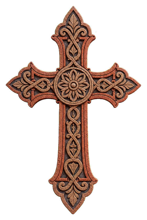 Ornamental Armenian stone cross with carved symmetrical patterns on a black background