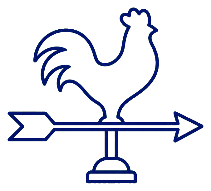 Outlined weather vane with rooster atop an arrow on a pedestal