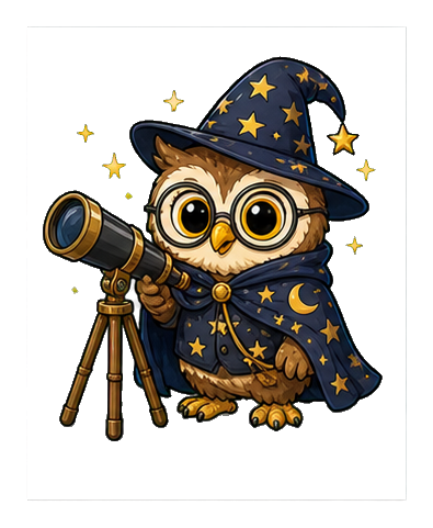 Cute owl in an astronomer hat and cloak beside a telescope with stars around it