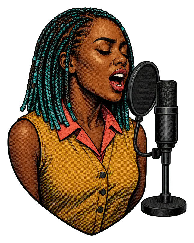 Hip hop singer with teal micro braids singing into a microphone sticker