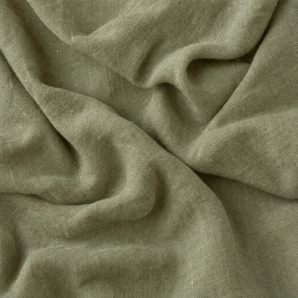 Wrinkled olive-toned linen fabric with soft woven texture and folds