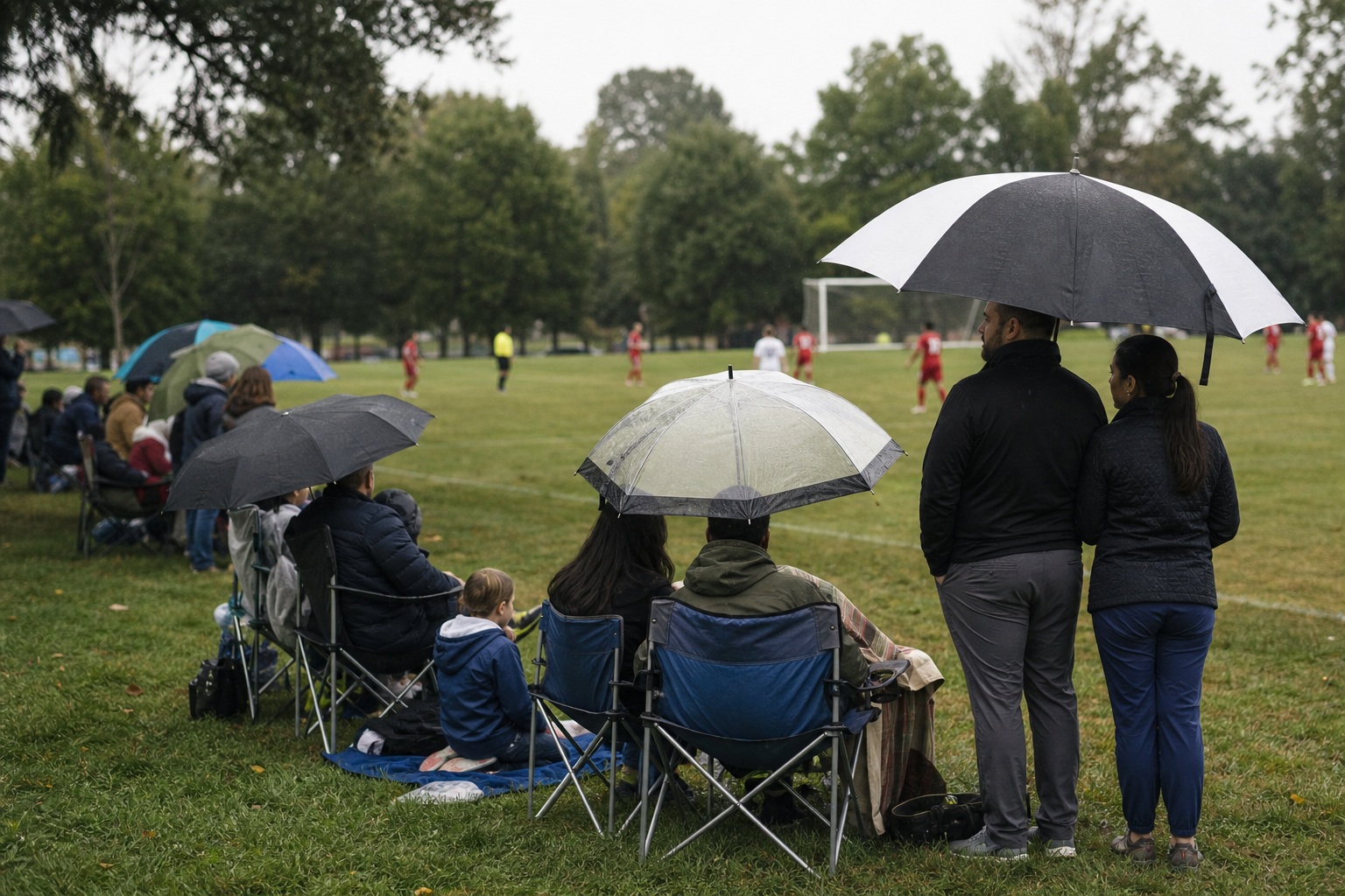 People sitting and standing under umbrellas beside a grassy soccer field during a youth match.