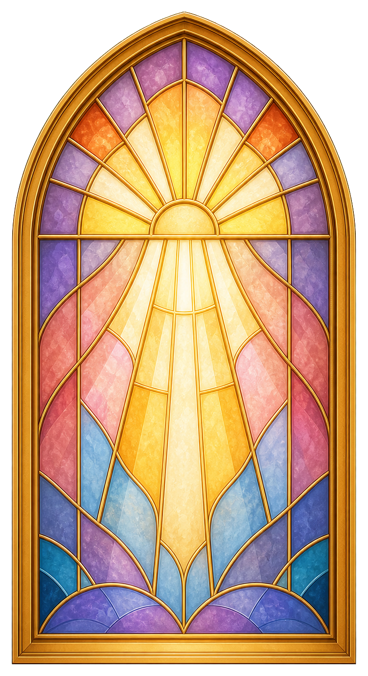 Colorful arched window with glowing light and stained glass panels