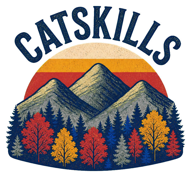 Retro Catskills Mountains sticker with mountains, sunset stripes, and colorful trees.