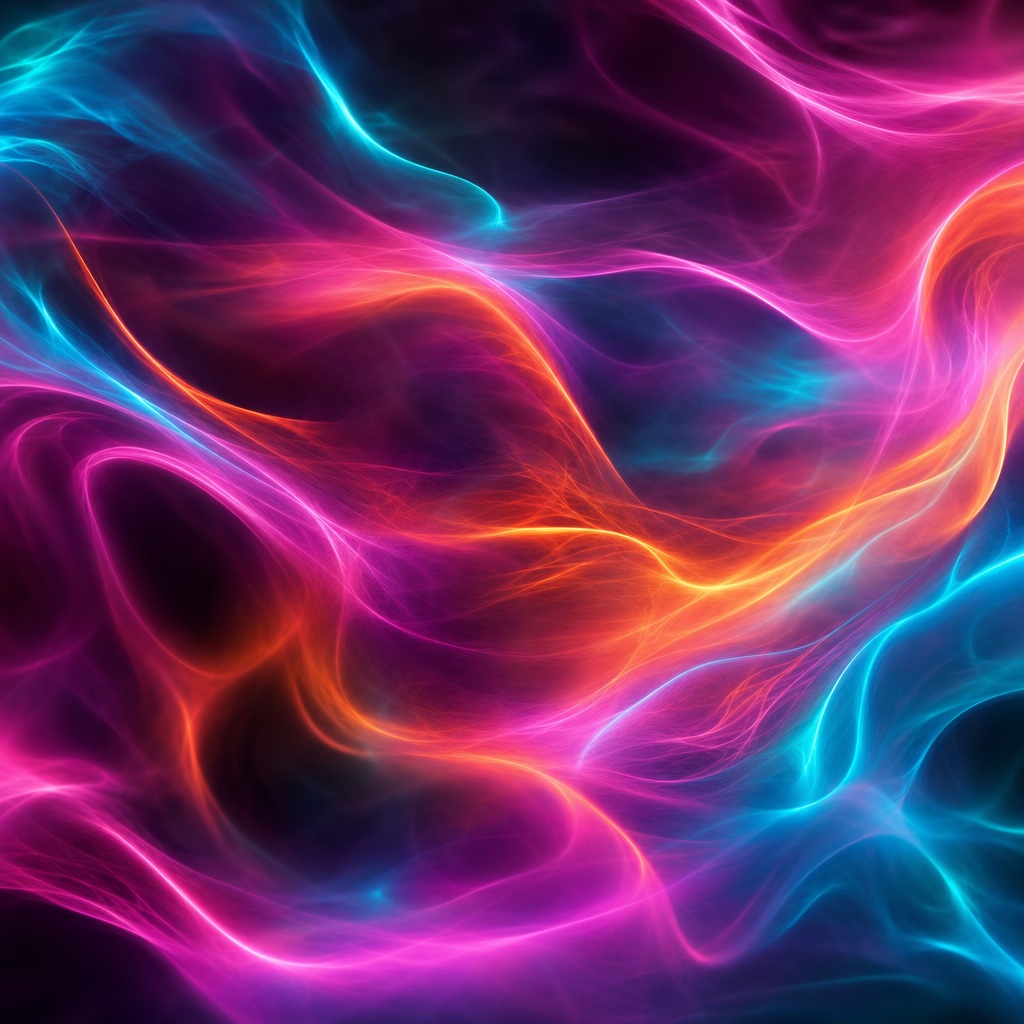 Glowing pink, purple, orange, and blue neon light trails swirling over a dark abstract background.