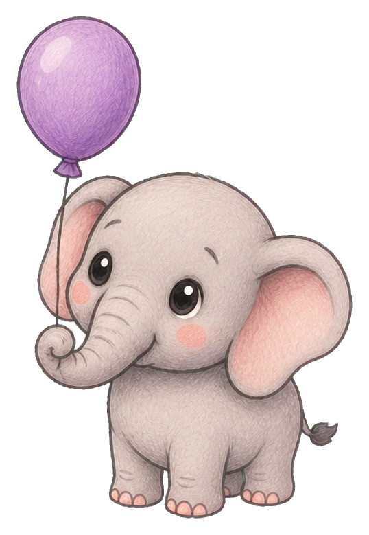 Cute kawaii elephant holding a purple balloon with pink cheeks.
