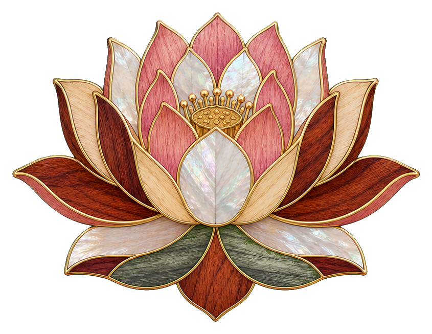 Detailed lotus flower with layered petals in warm pink, cream, gold, and green tones