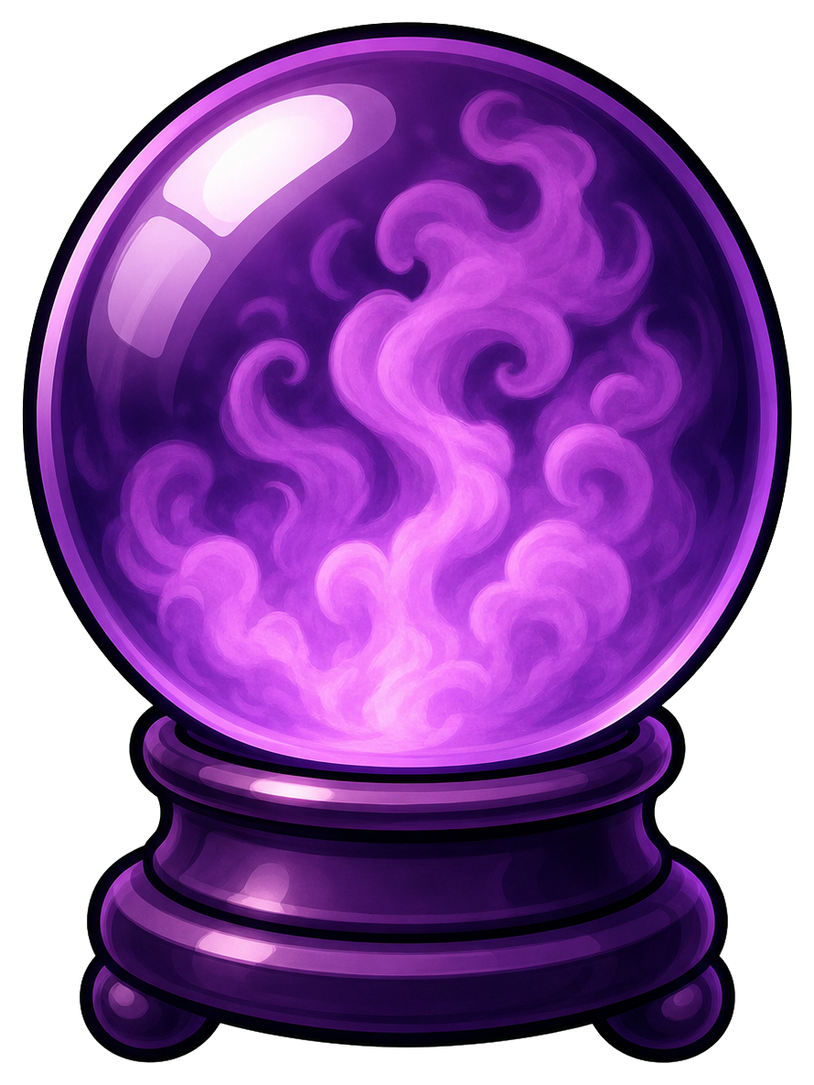 Purple magic crystal ball sticker with swirling mist on a dark base.