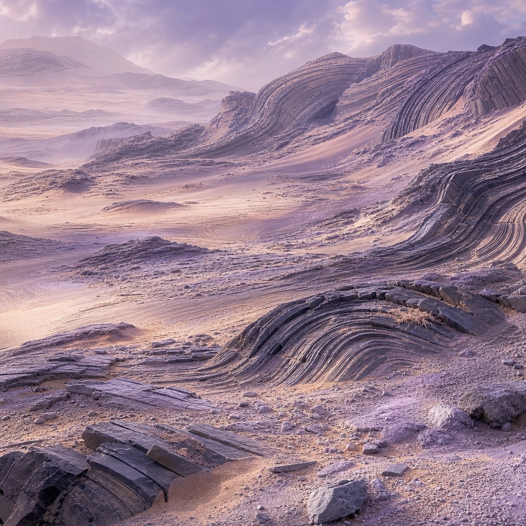 Lavender-hazed desert landscape with layered basalt folds and distant rocky hills.