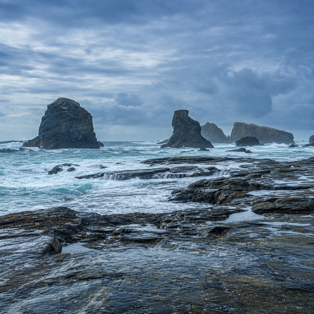 Rocky ocean coast with sea stacks and tide-washed shelves under a blue overcast sky.