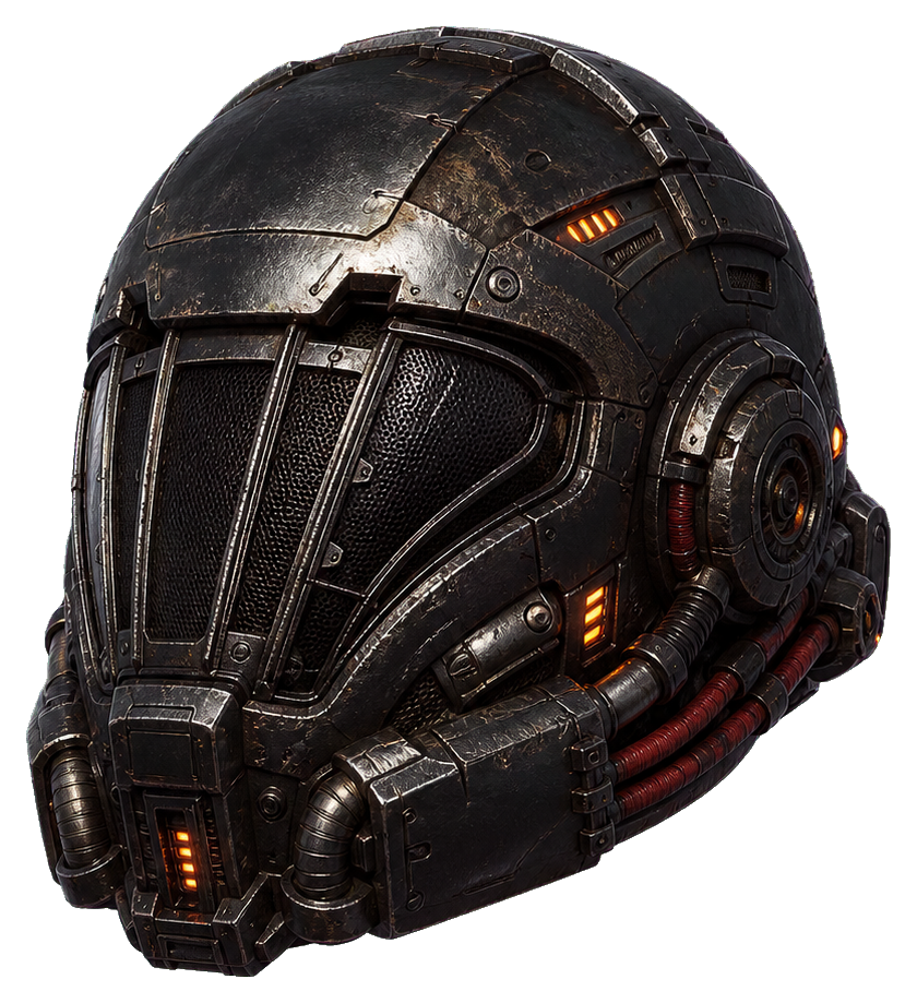 Dark futuristic space helmet with glowing orange details and a worn metallic finish.