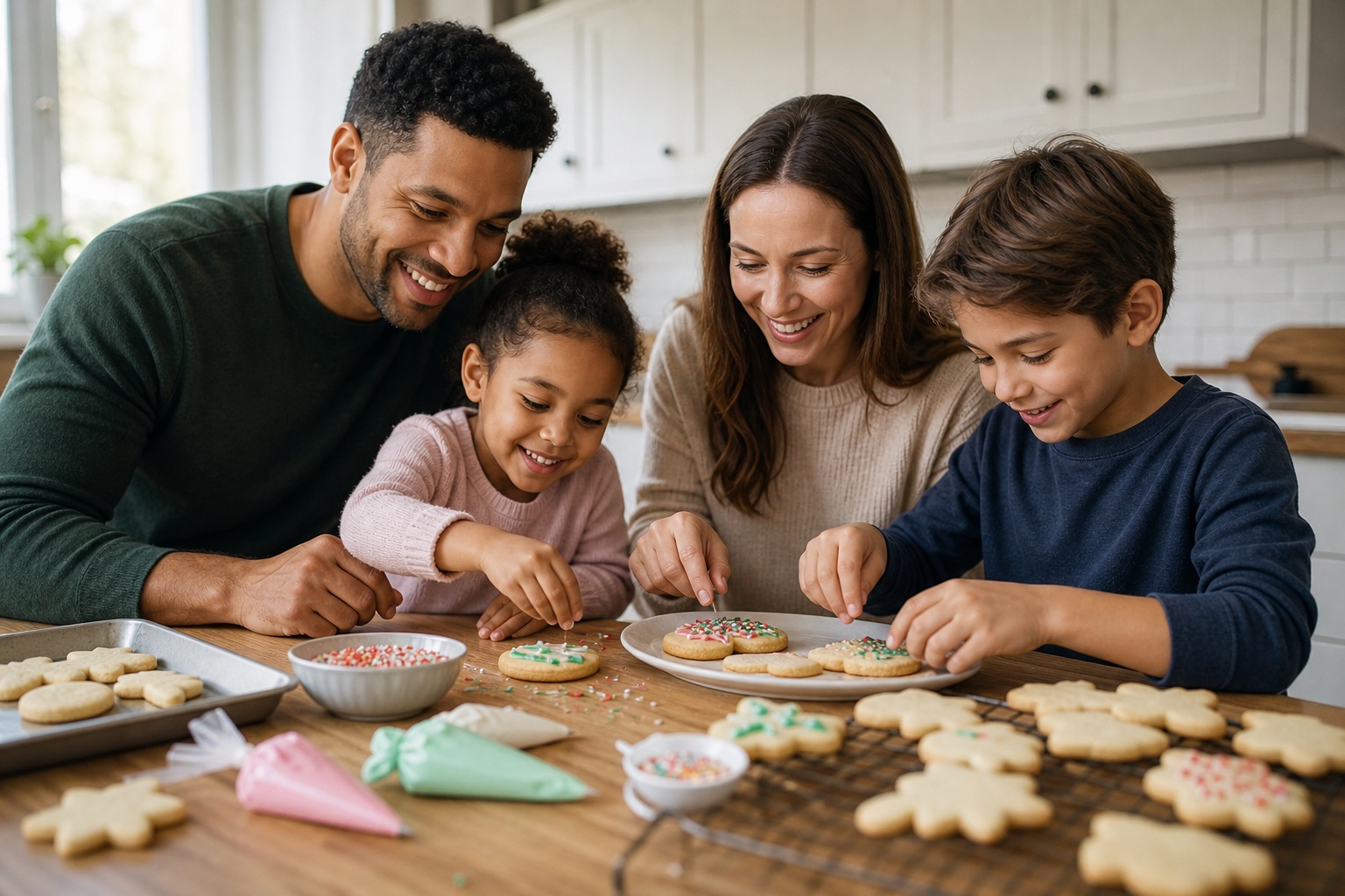 Family decorating cookies together at a kitchen table