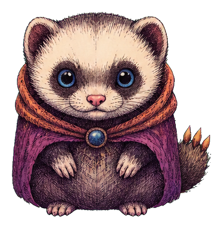 Round-eyed ferret-like creature in a purple cloak with a small tail and blue pendant