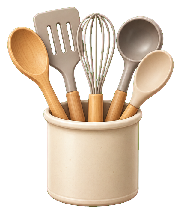 A cream cup holding a wooden spoon, spatula, whisk, and two kitchen utensils.