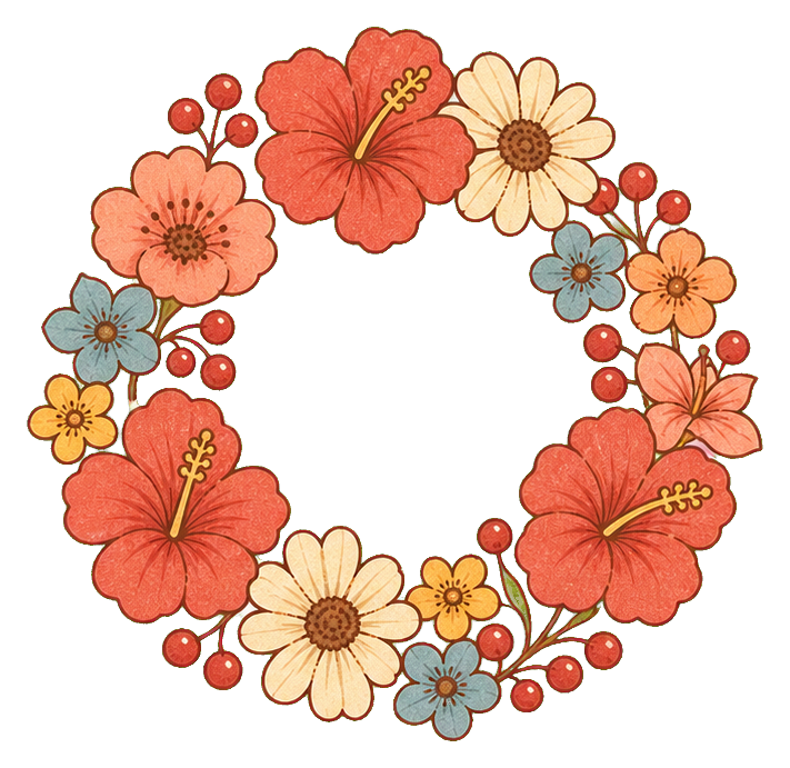 Coral and cream daisy flower wreath with small blue blossoms.