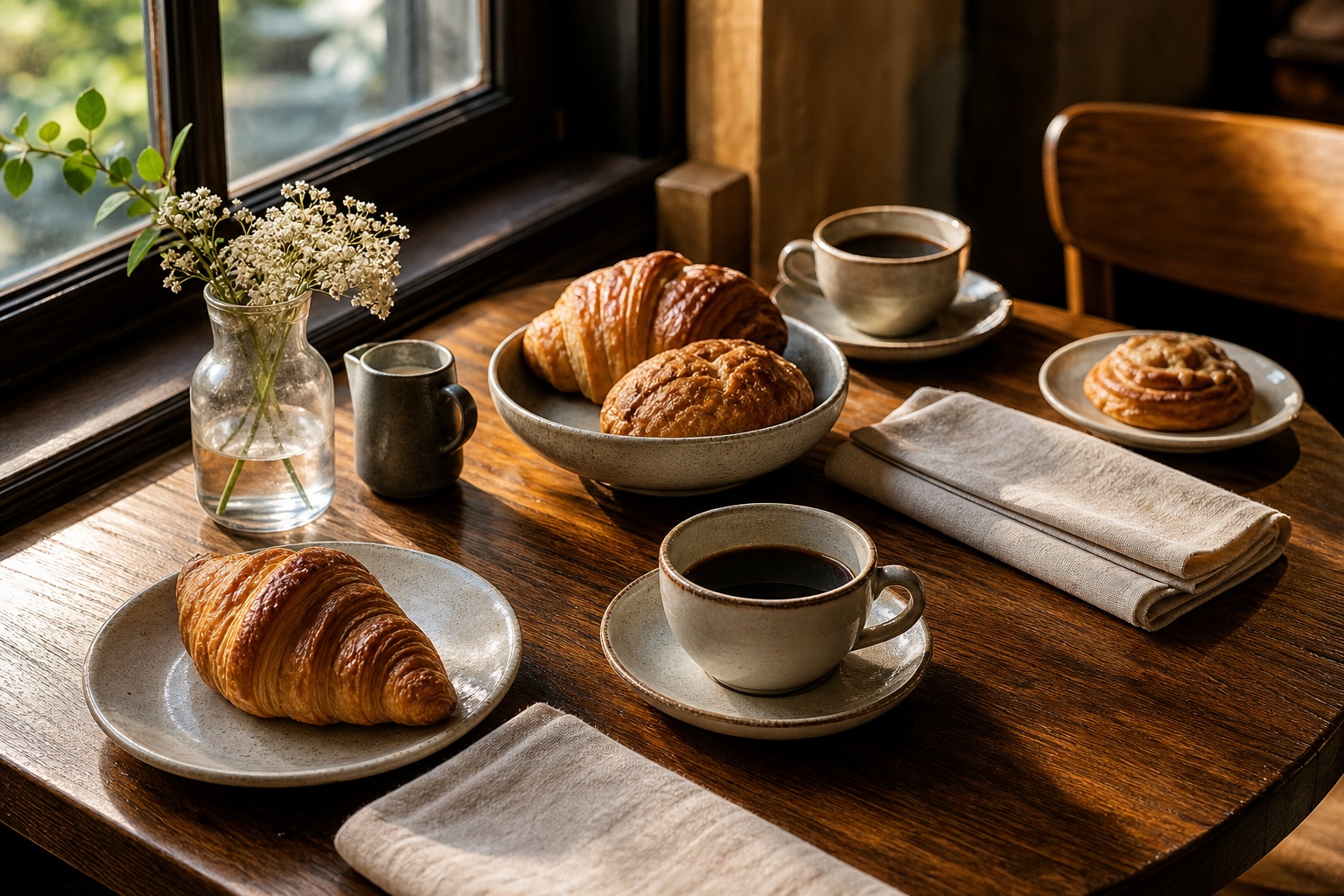 Croissants, coffee cups, and a small flower vase on a sunlit wooden breakfast table.