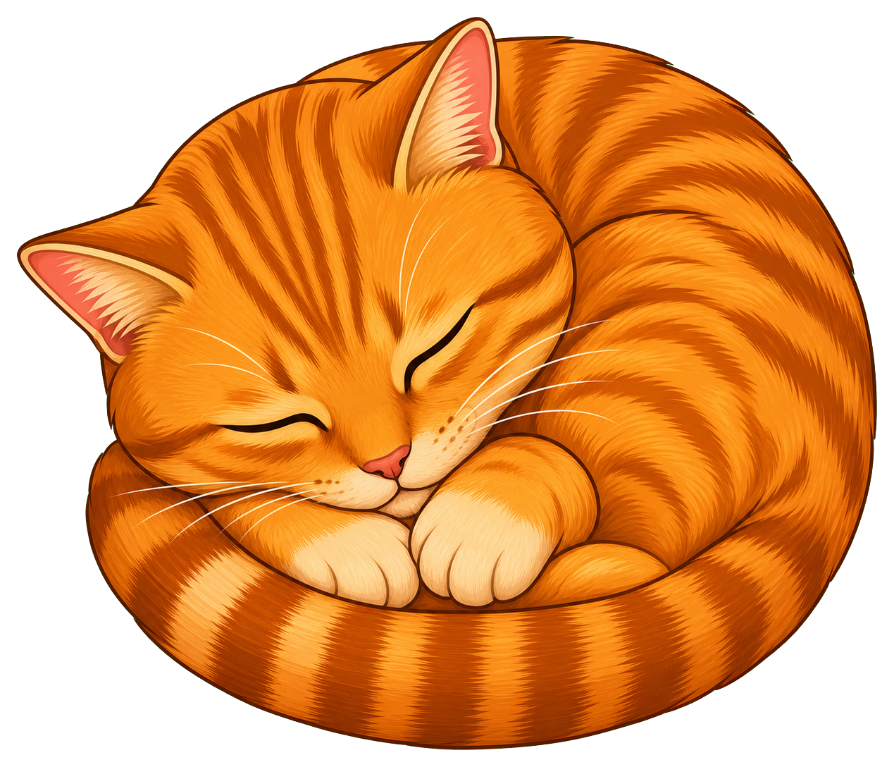 Sleeping orange tabby cat curled up with eyes closed