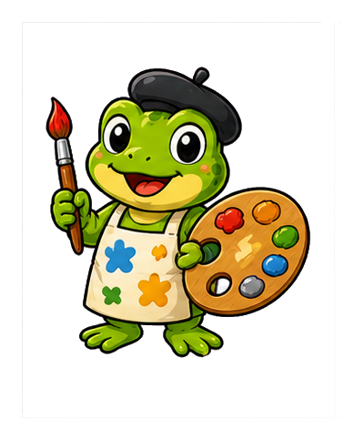 Cute green frog holding a paintbrush and palette with colorful paint spots and a black beret.