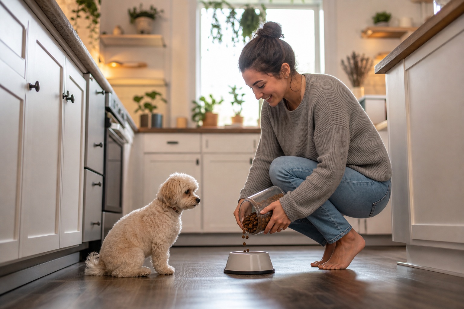Person crouching in a kitchen and placing a bowl in front of a small dog.