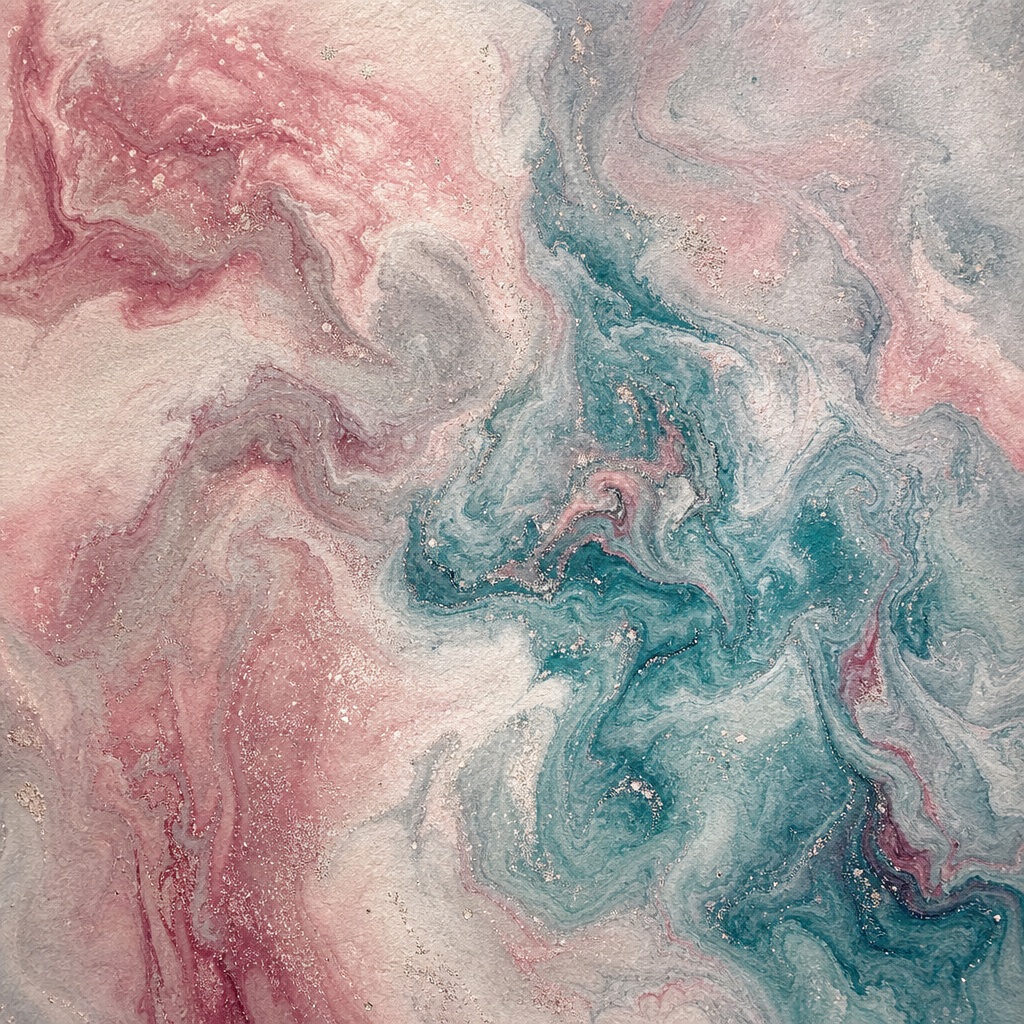 Rose and teal marbled paper texture with flowing pigment cloud patterns