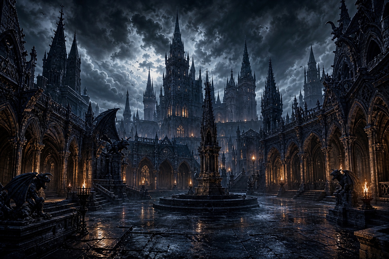 Dark gothic castle with tall spires under stormy clouds and a wet stone courtyard