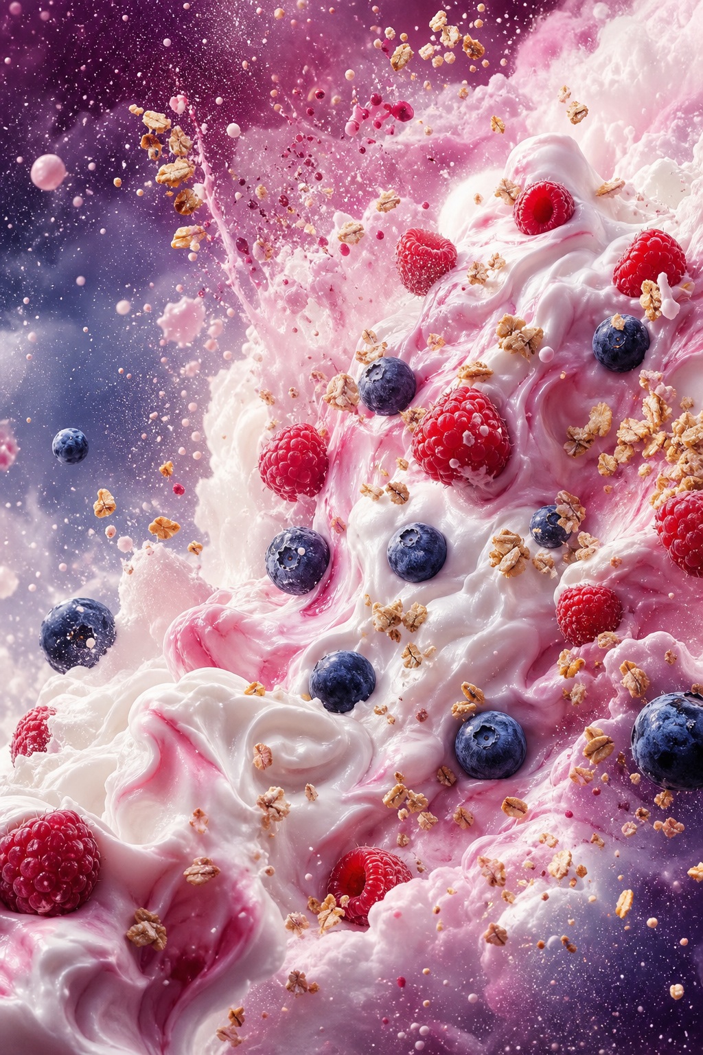 Raspberries and blueberries on swirled yogurt cream with pink dessert texture
