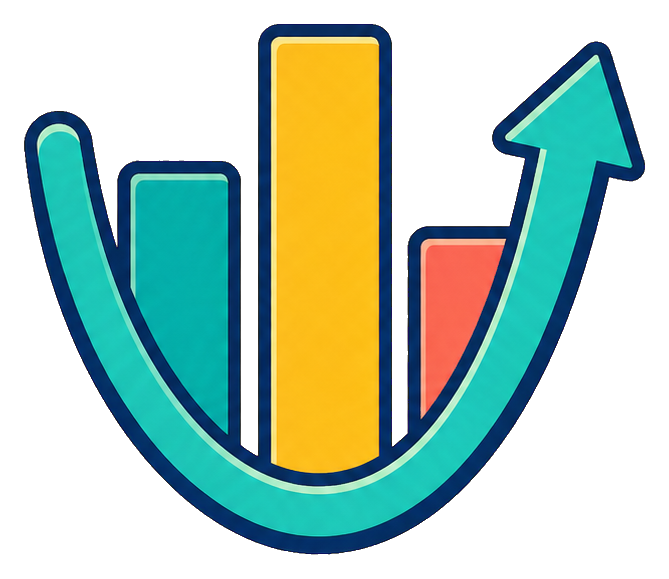 Colorful market recovery curve with rising arrow and bar chart.