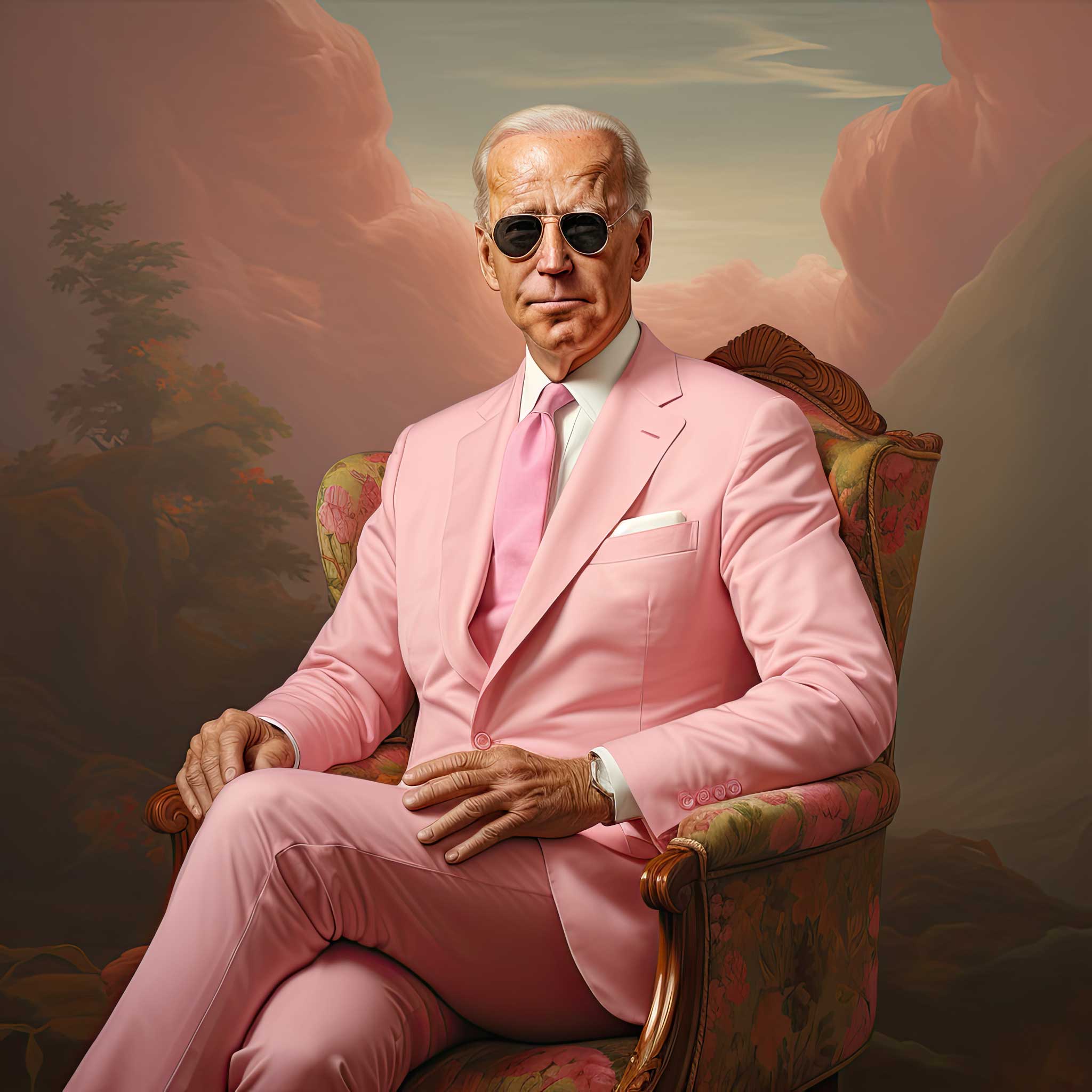 A man in a pink suit and sunglasses sits on an ornate chair.