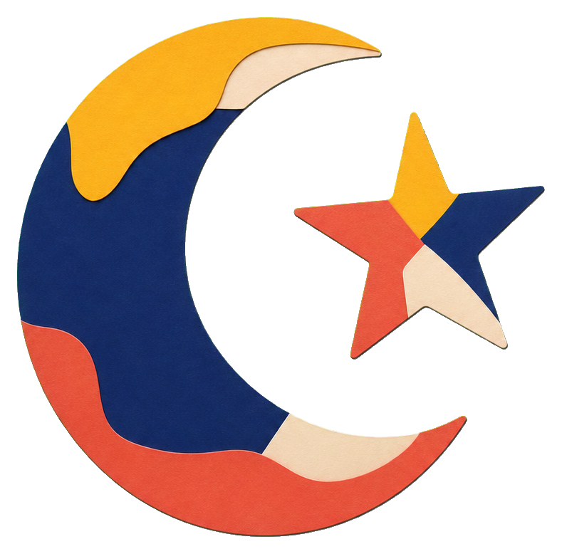 Layered paper crescent moon with a multicolored star inside.