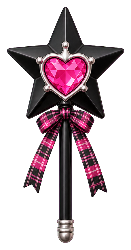 Black star wand with a pink heart jewel and pink plaid bow on a silver handle