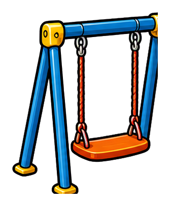 Colorful playground swing seat with blue frame and orange seat on a black background