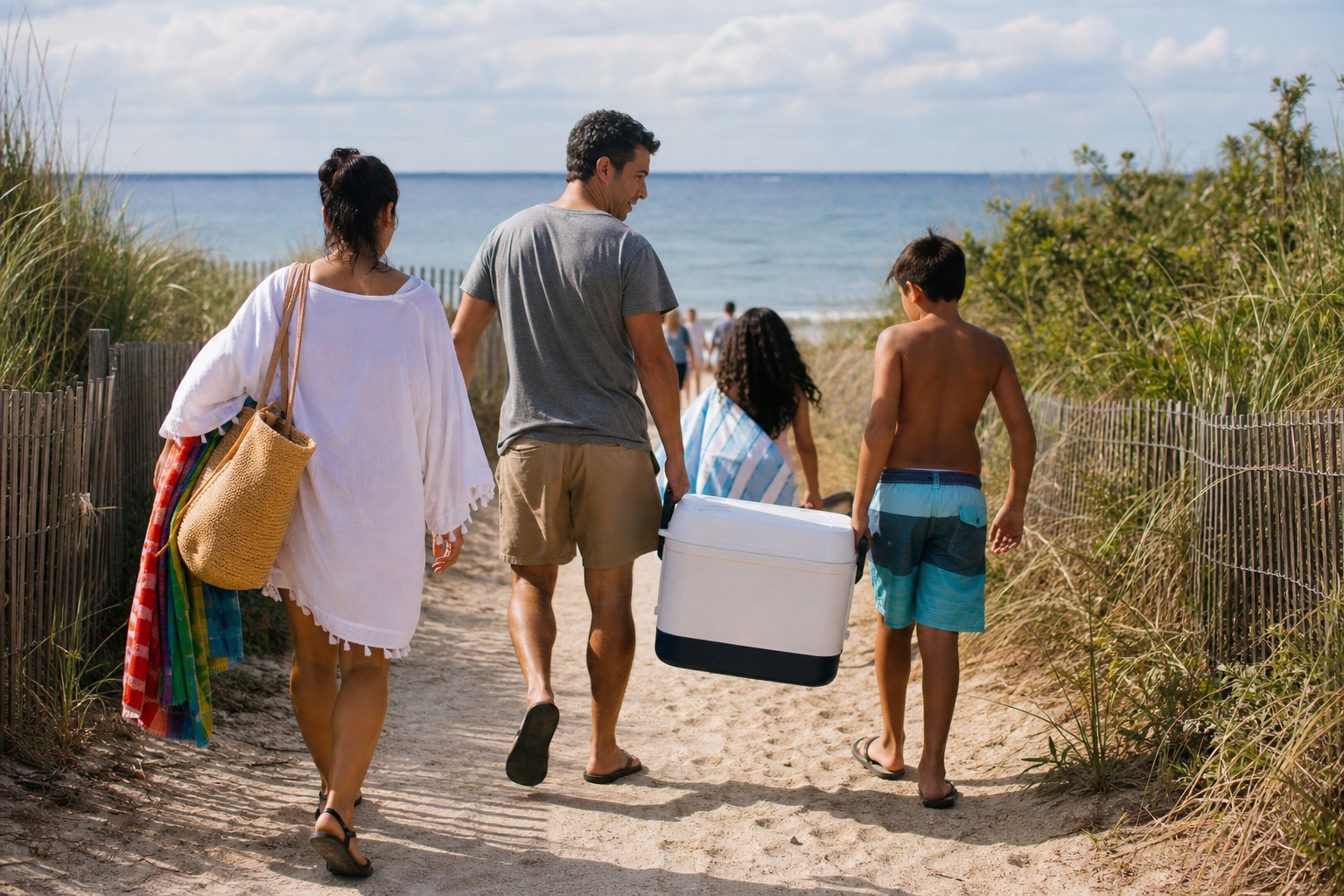 Three people walking along a sandy coastal path carrying beach gear toward the water.