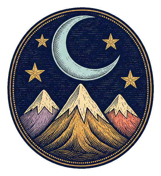 Circular badge with crescent moon, stars, and layered mountains