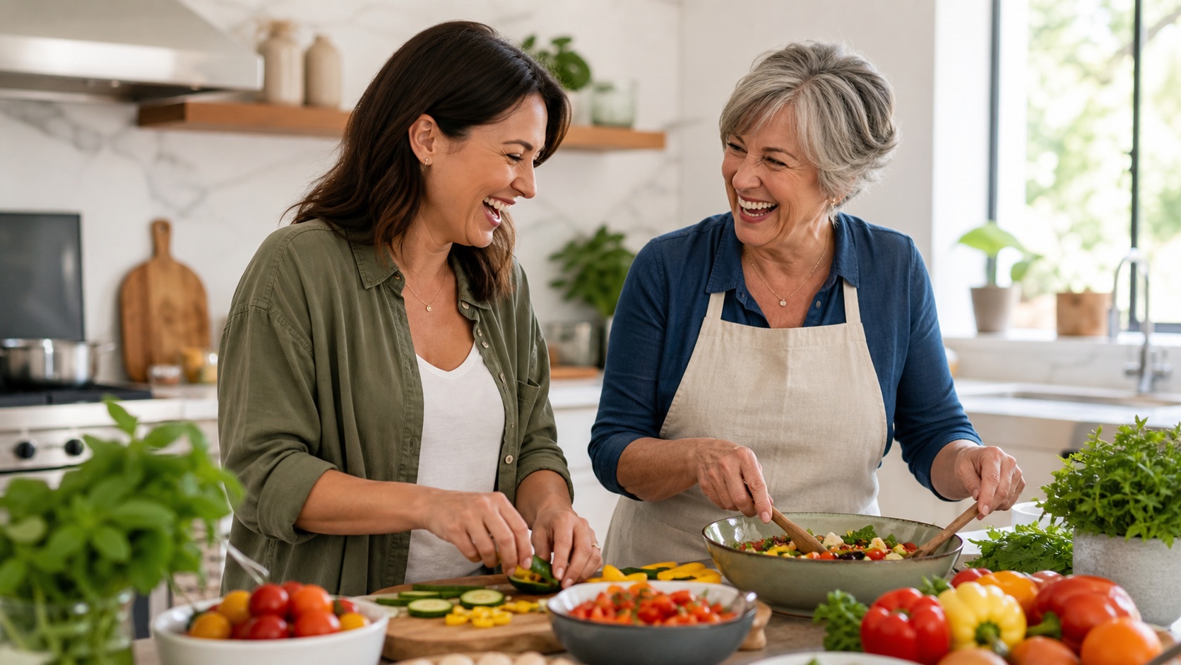 Two women smiling while preparing vegetables together in a bright kitchen.