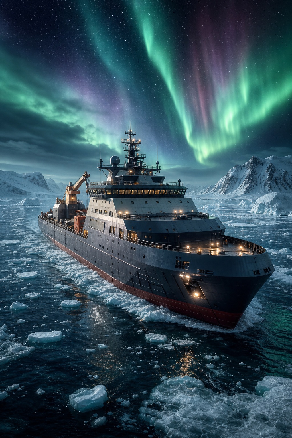 Icebreaker ship sailing through icy water beneath bright green and purple aurora lights