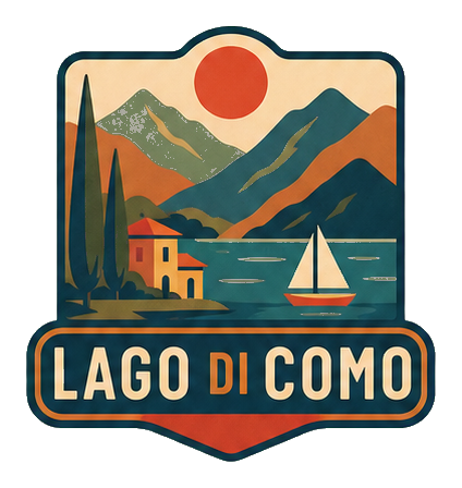 Vintage Lago di Como sticker with mountains, a sailboat, and bold text.