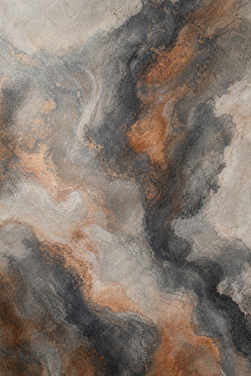 Abstract marbled paper texture with charcoal gray, copper, and cream swirls
