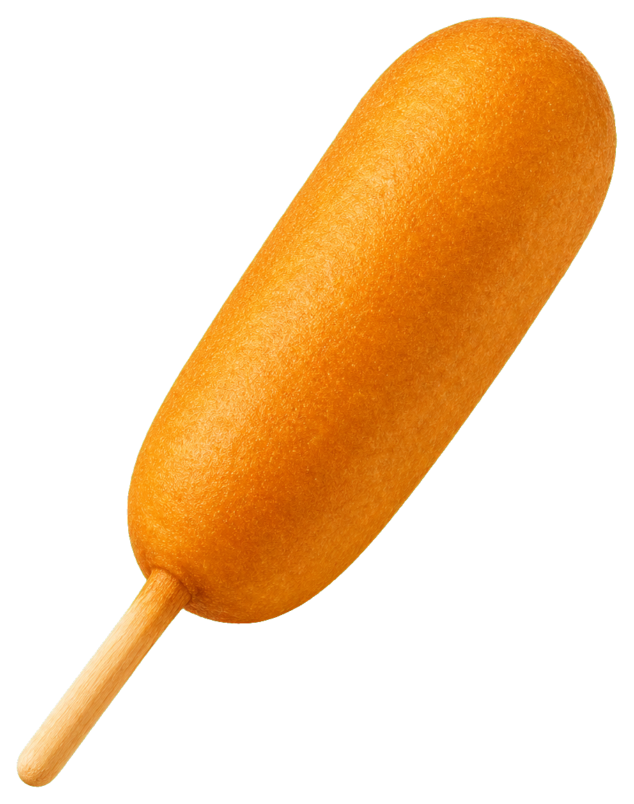 Plain corn dog on a stick with a golden breaded coating.