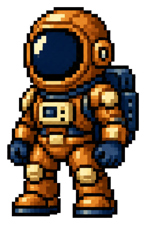 Pixel art astronaut in copper armor with a dark blue visor and gloves