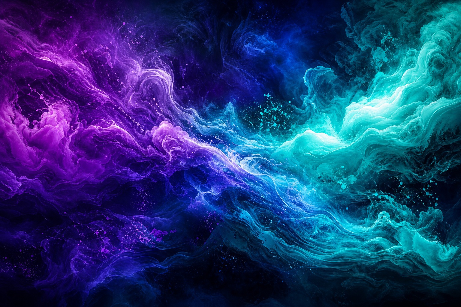 Abstract violet and aqua smoky light swirling across a dark background